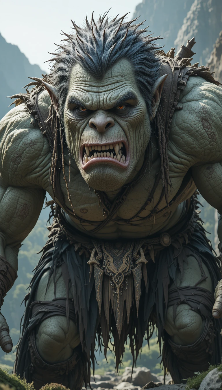 Trol gigantesco y musculoso en un paisaje montañoso escarpado