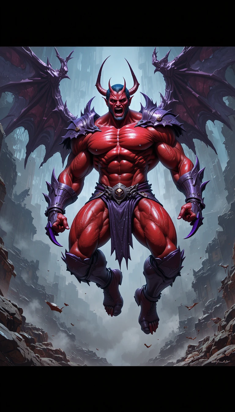 Crimson demonic warrior leaping in jagged purple armor