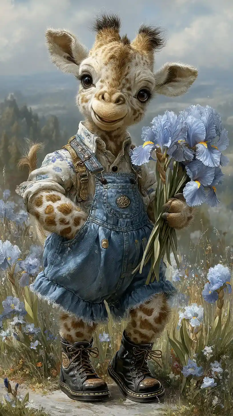 Fantasy giraffe in overalls walking through spring meadow