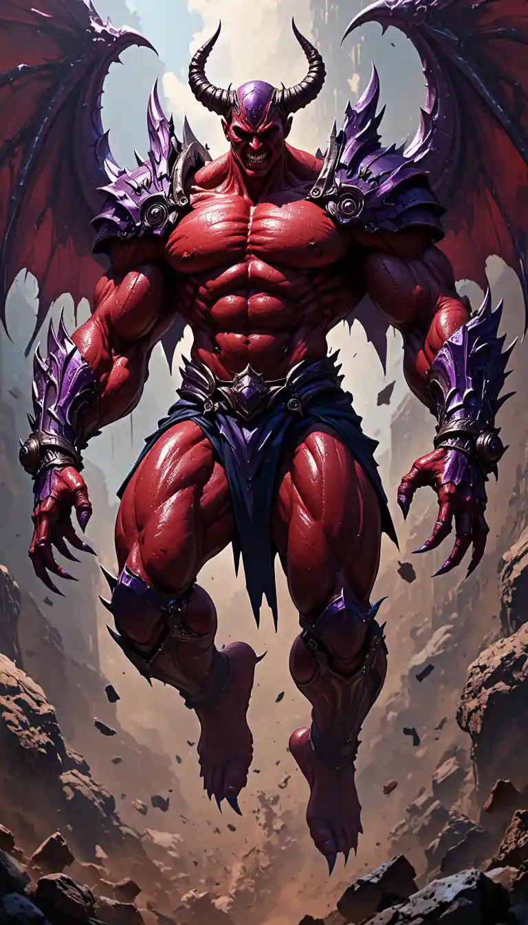 Crimson demonic warrior leaping in jagged purple armor
