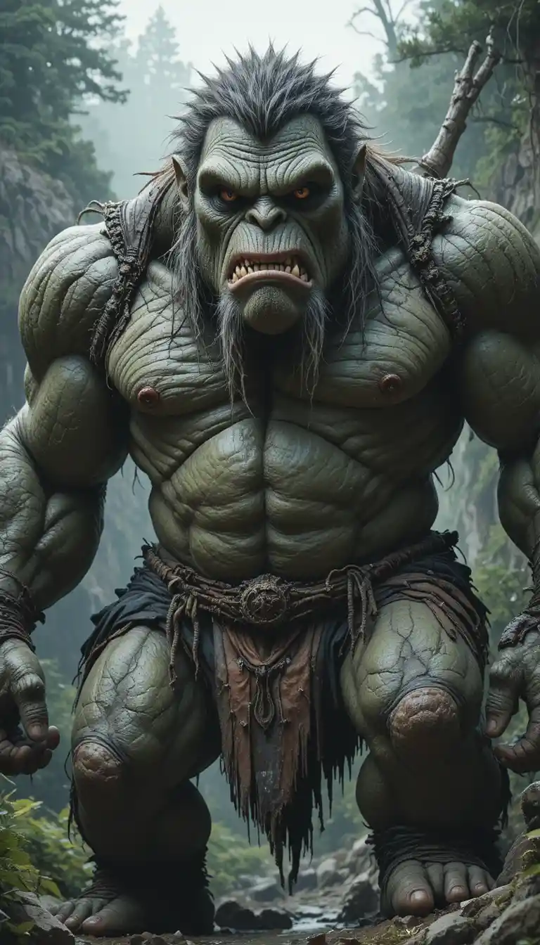 Trol gigantesco de rasgos brutales en una salvaje cordillera montañosa