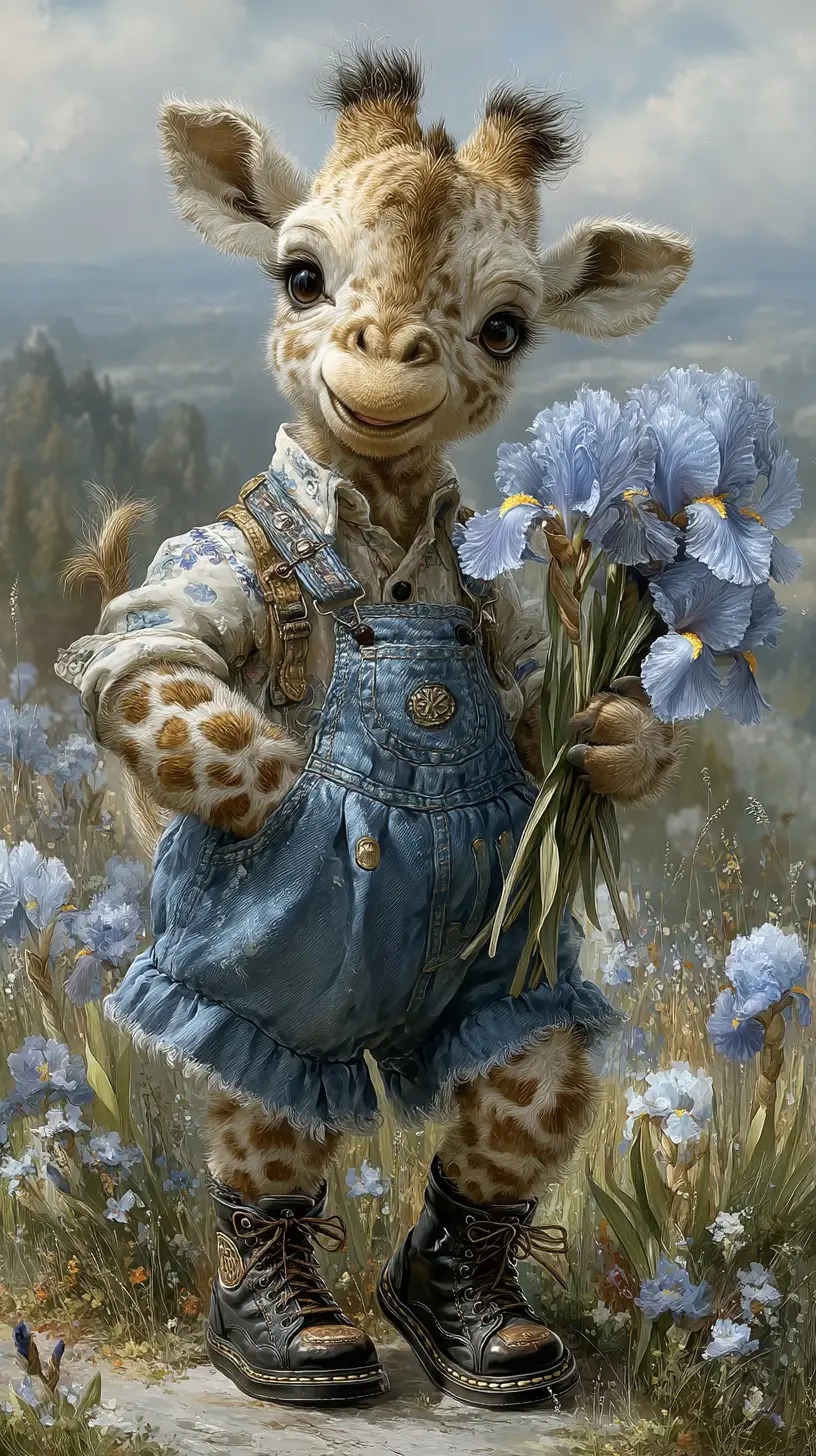 Fantasy giraffe in overalls walking through spring meadow