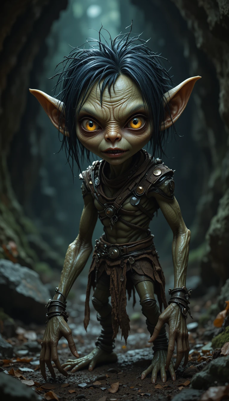 Cunning green goblin lurking in a dark forest