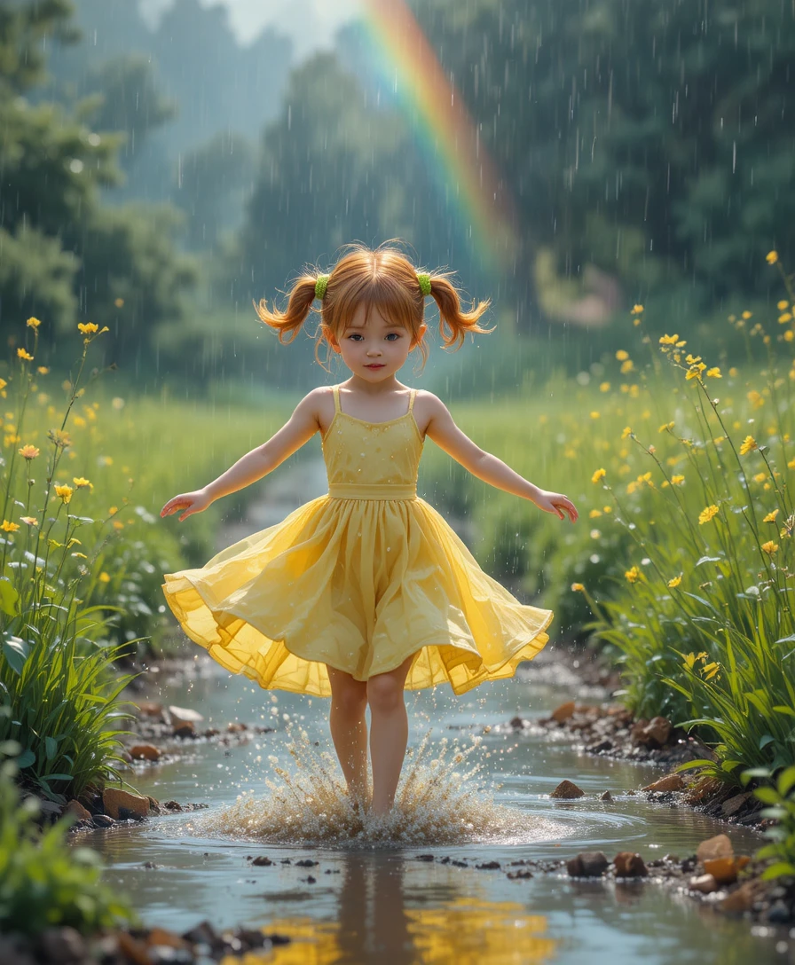 Young girl dancing through rain puddles in bright meadow