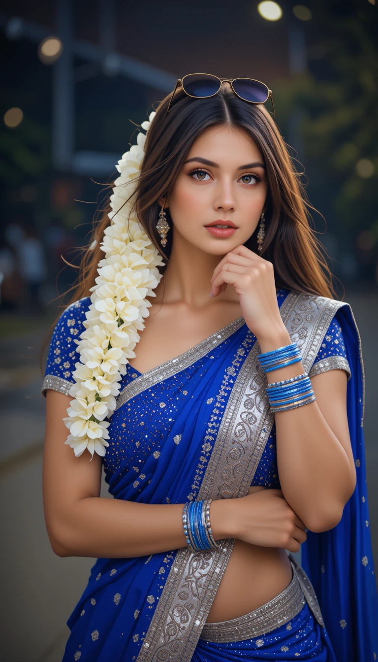 Giovane donna in sari blu con ghirlanda di fiori di notte