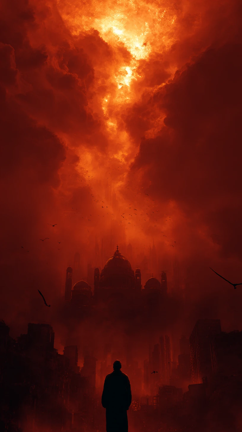 Divine beings breaking through the ceiling in fiery judgement
