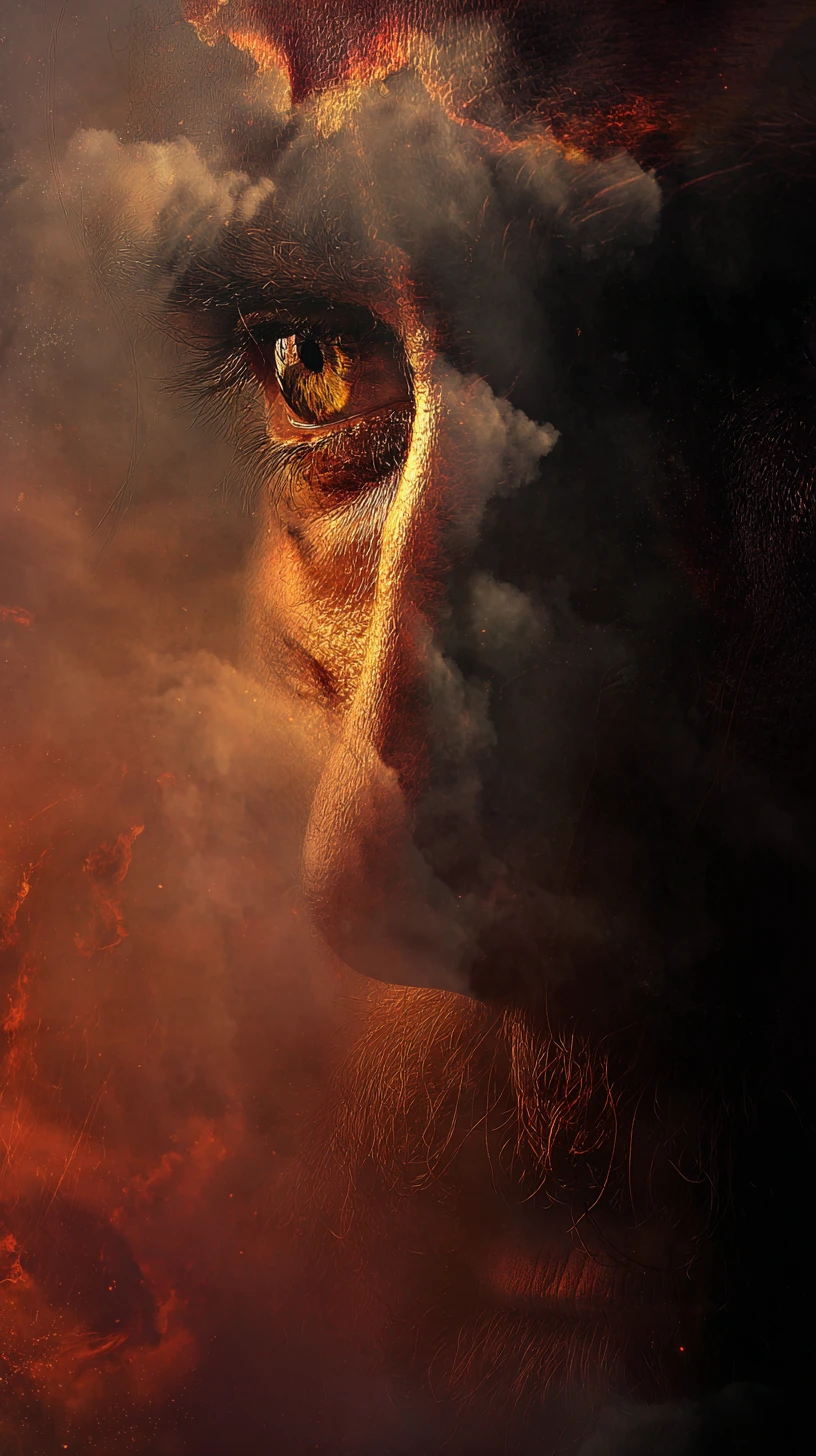 Divine figures burst through fire revealing hidden human thoughts