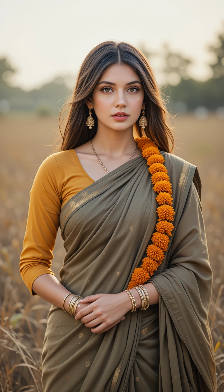 Mujer del sur de la India con sari rústico y guirnalda de caléndulas