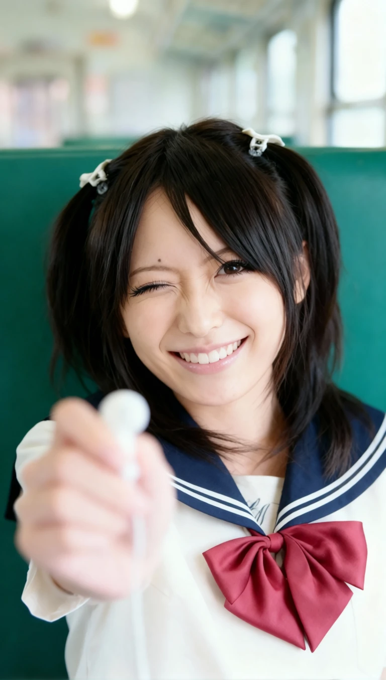 Laughing Japanese girl offering earbud on vintage train