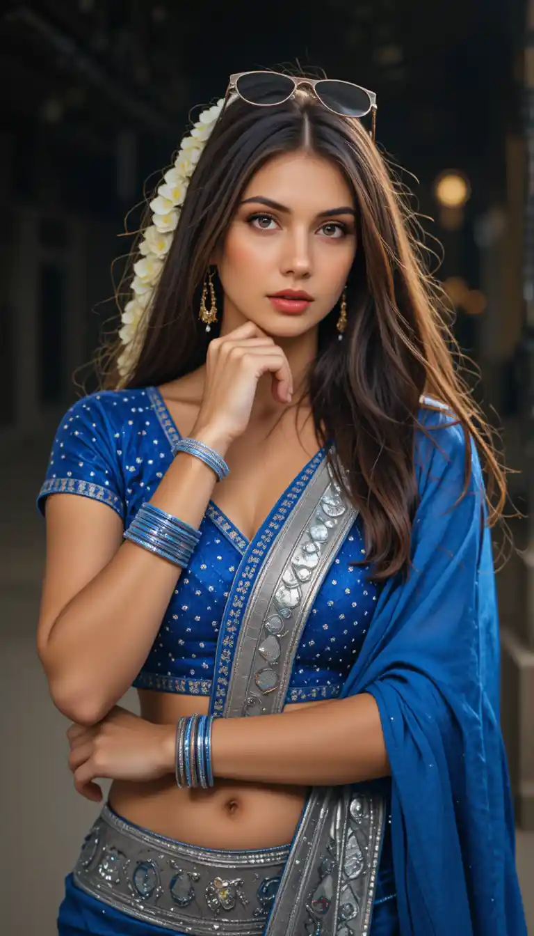 Giovane donna in sari blu che posa in una strada notturna