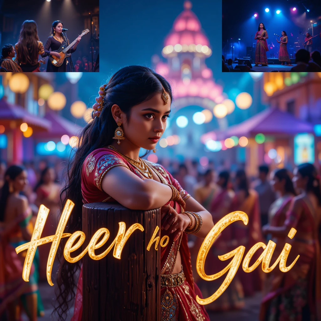 Emotional Indian woman at night festival with glowing lights