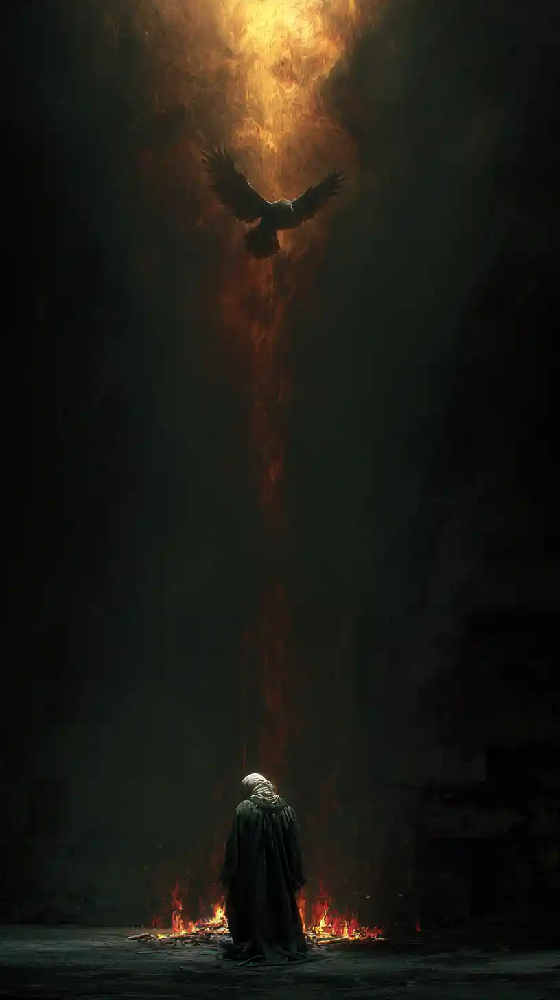 Man engulfed in fire as divine figures break through