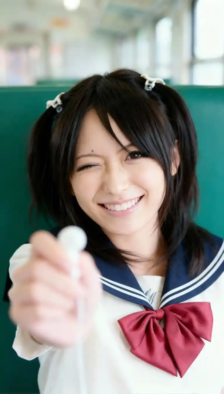 Laughing Japanese girl offering earbud on vintage train