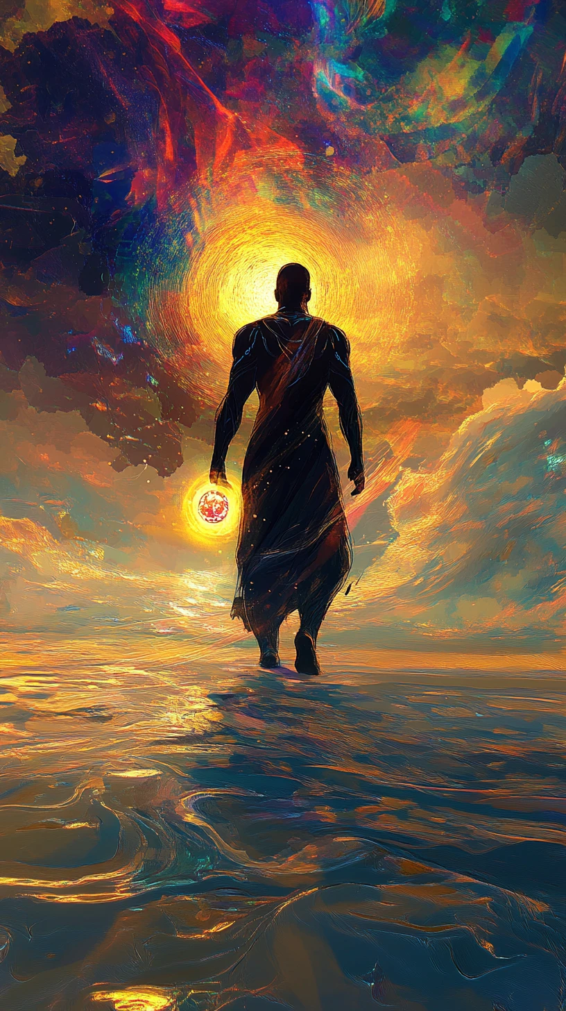 Futuristic ebony king on a glowing cosmic shoreline
