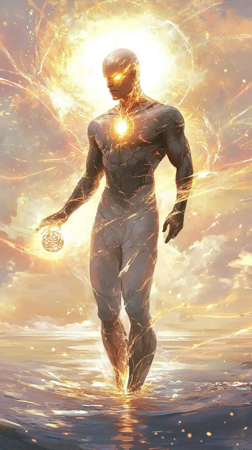 Futuristic king on a cosmic beach at glowing sunset