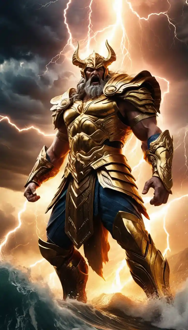 Zeus prallt mit einem Kriegsgott inmitten von Blitz und Sturm zusammen