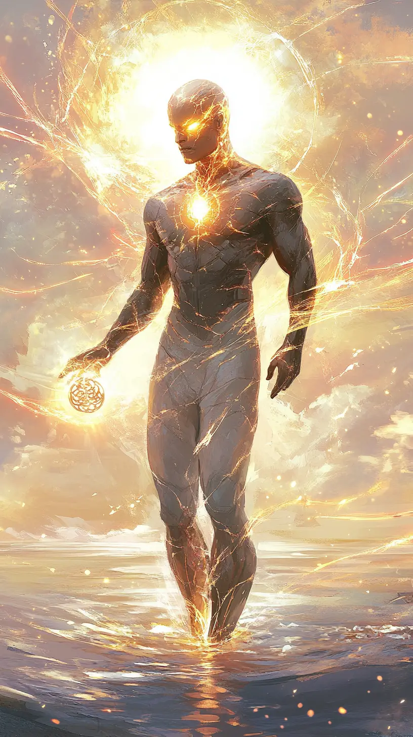 Futuristic king on a cosmic beach at glowing sunset