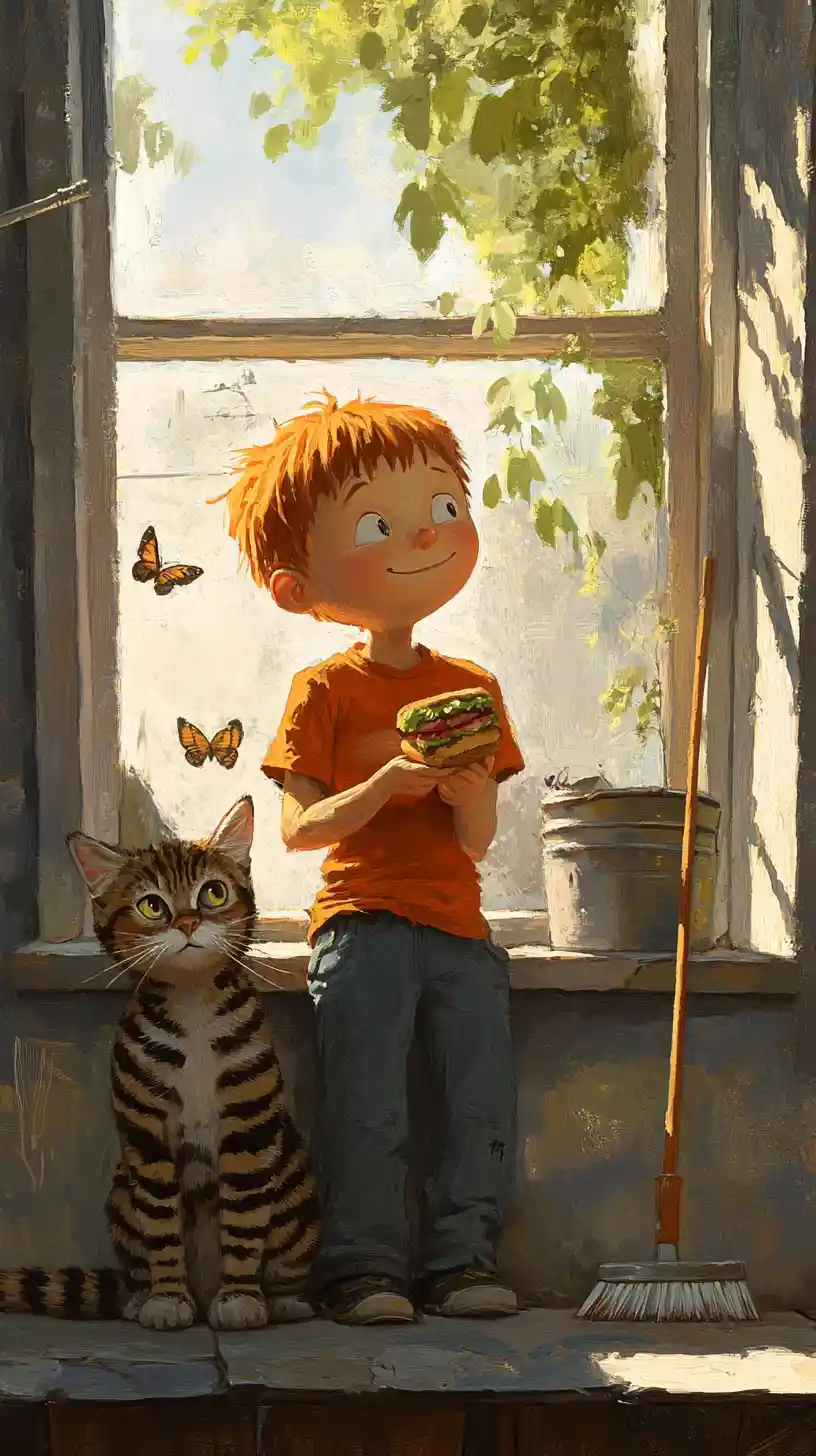 Red haired boy and striped cat in cozy room illustration