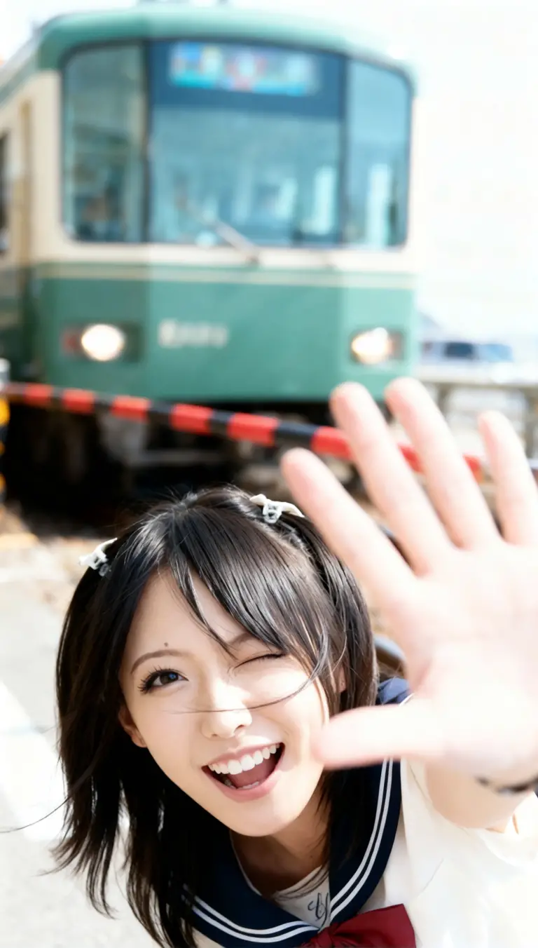 Fröhliches japanisches Mädchen in extremer Nahaufnahme am Bahnübergang