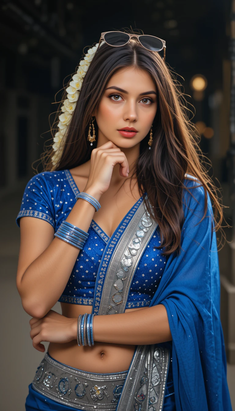 Joven mujer con sari azul posando en una calle nocturna