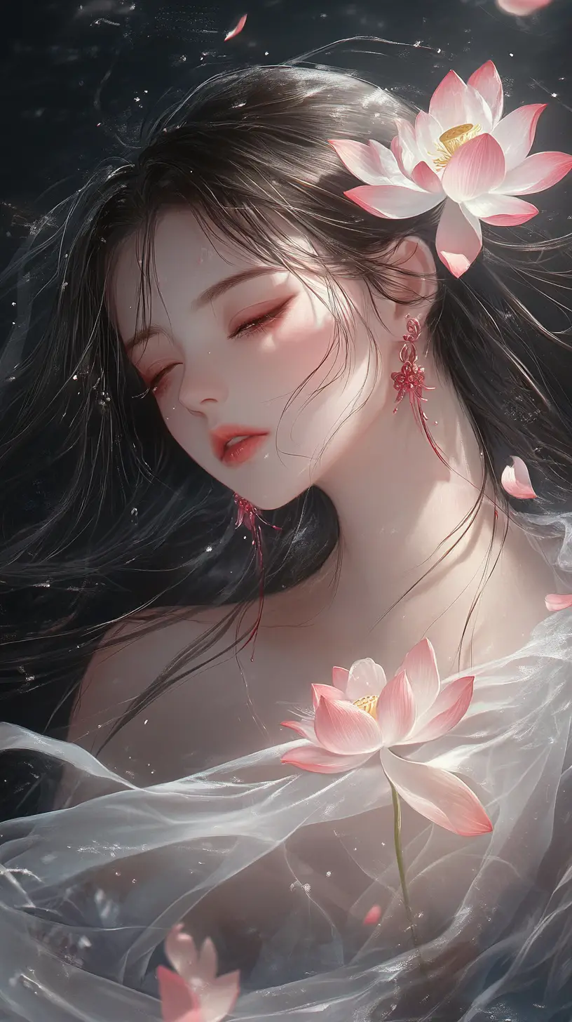 Serene anime woman with lotus flowers and flowing fabric