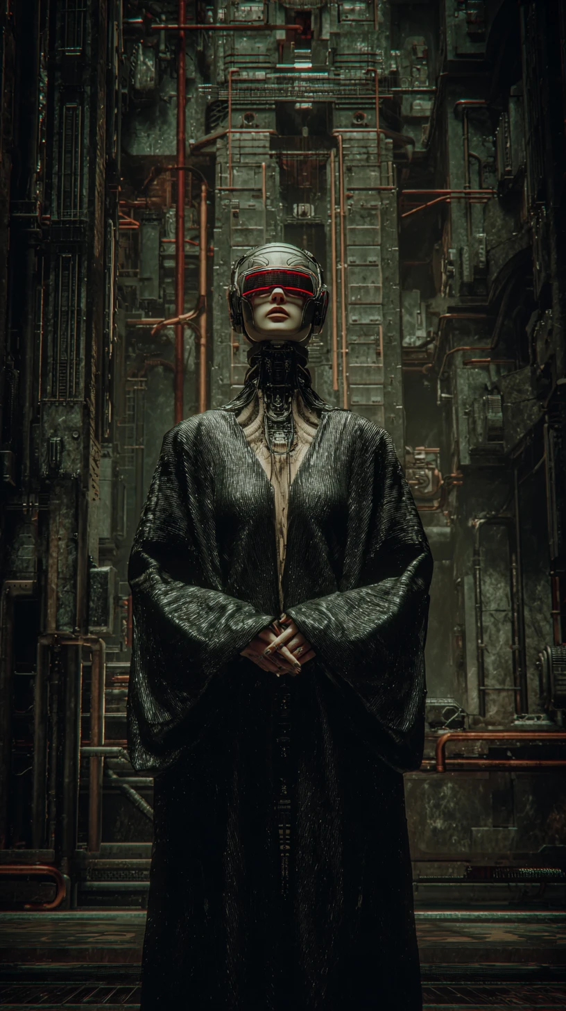 Mulher futurista cyberpunk em uma cidade industrial sombria