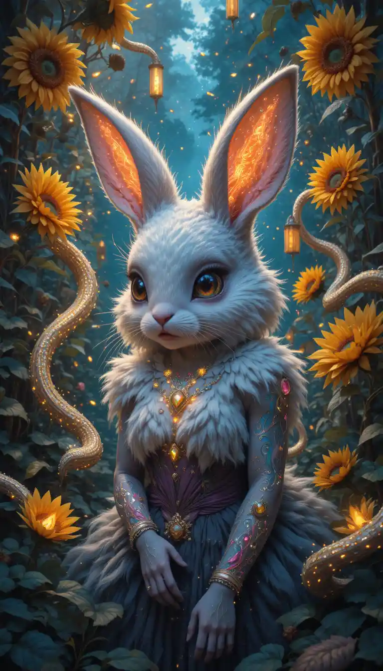 Cute fantasy rabbit with glowing jeweled ears in forest