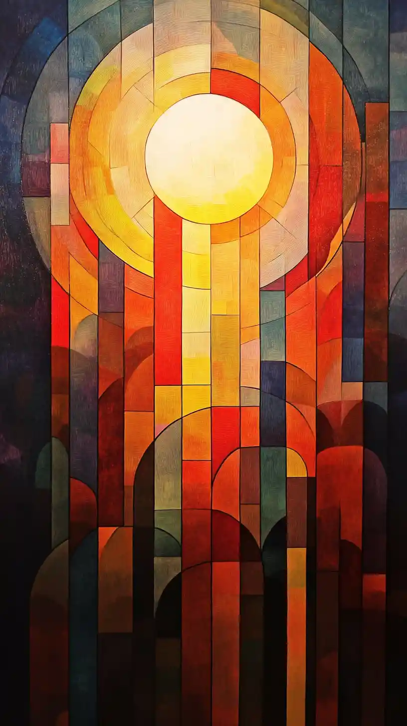 Abstract stained glass circle with radiant solar orb