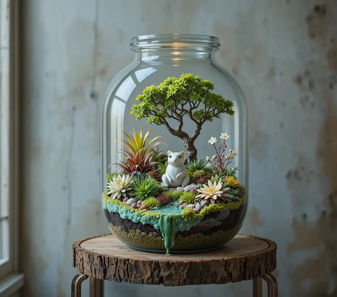 Giardino di terrario in miniatura dentro una bottiglia di vetro trasparente