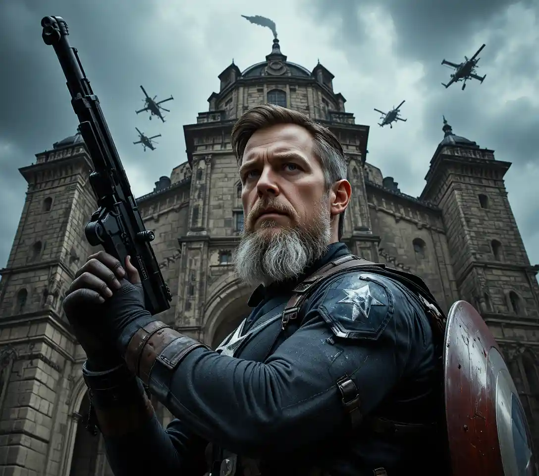 Bearded soldier with rifle before towering ancient ziggurat