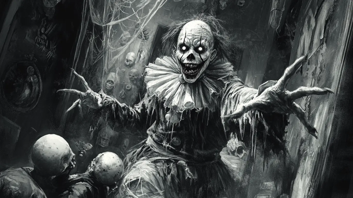 Böser Clown lauert in der Ecke eines barocken Spukzimmers