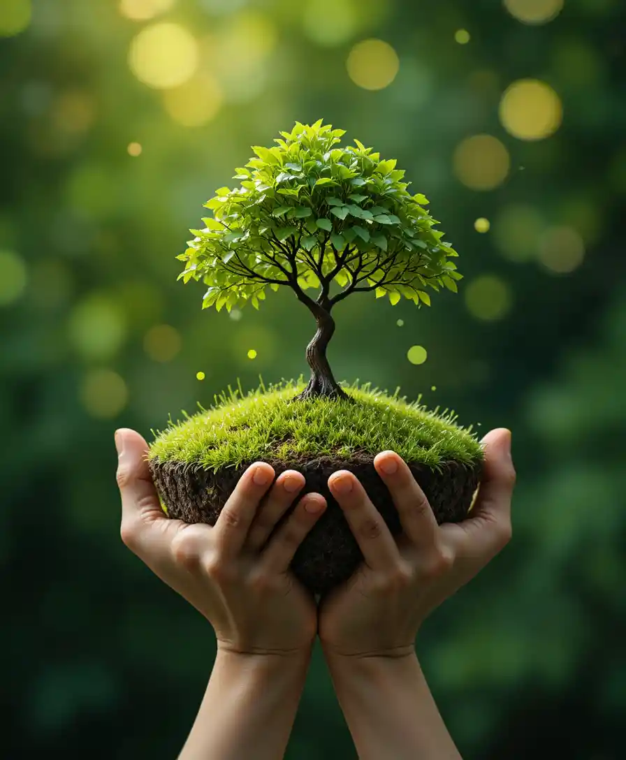 Mani che tengono una minuscola isola verde con un giovane albero