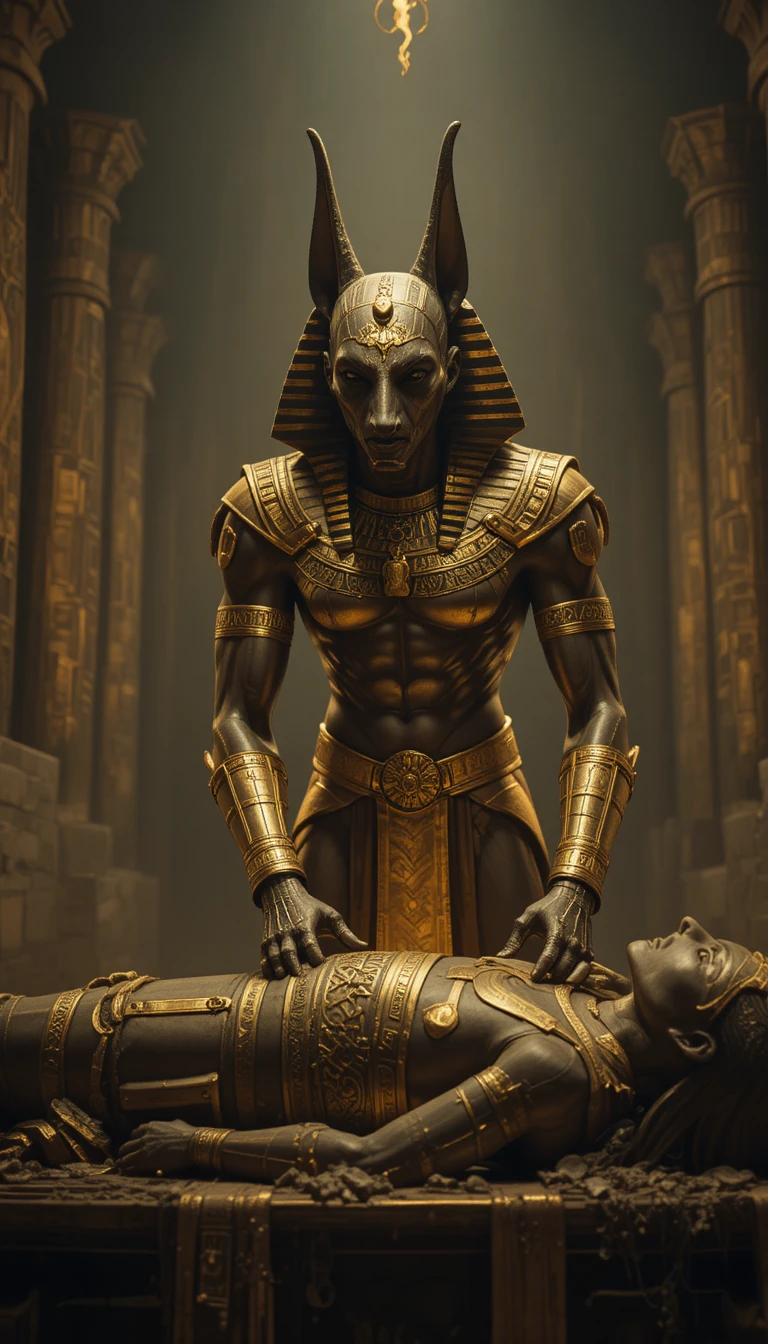 Anubis like jackal guardian performing sacred mummy ritual