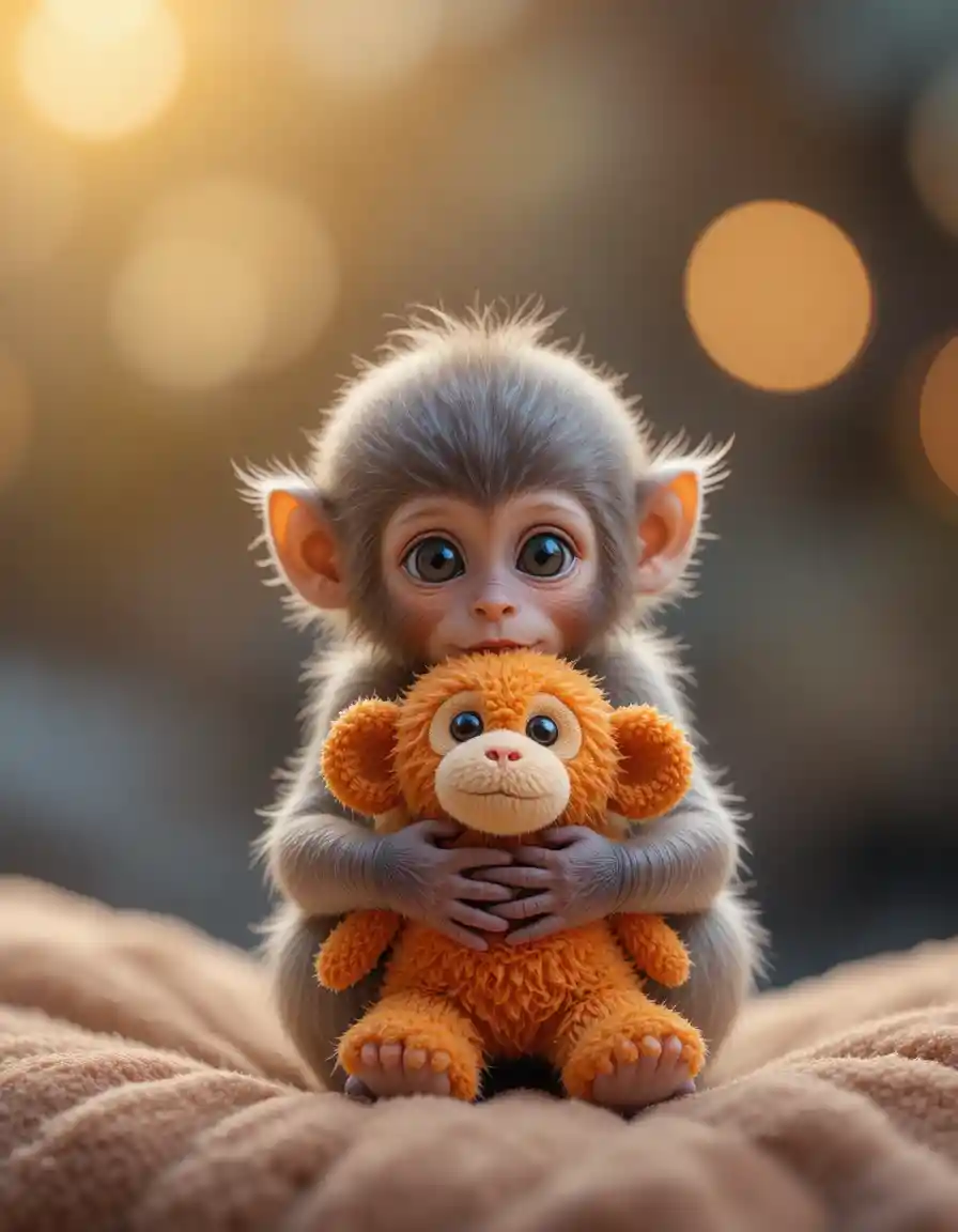 Baby monkey cuddling a soft orange plush toy companion