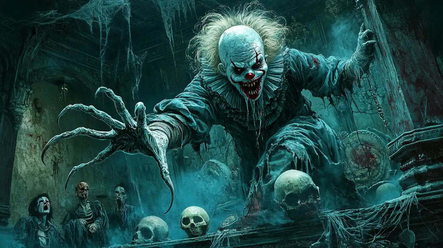 Clown maléfique tendant la main vers des ados terrifiés dans une pièce hantée