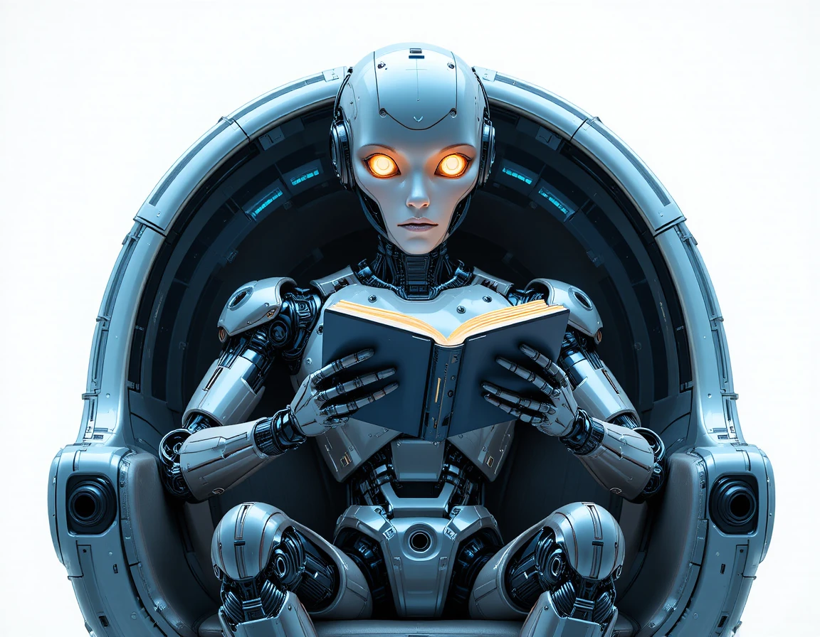 Humanoider Roboter liest ein Buch in einem minimalistischen futuristischen Sessel