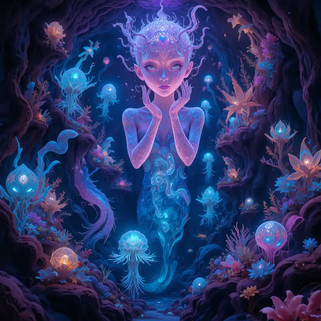 Sirena onirica in un abisso marino profondo e luminoso