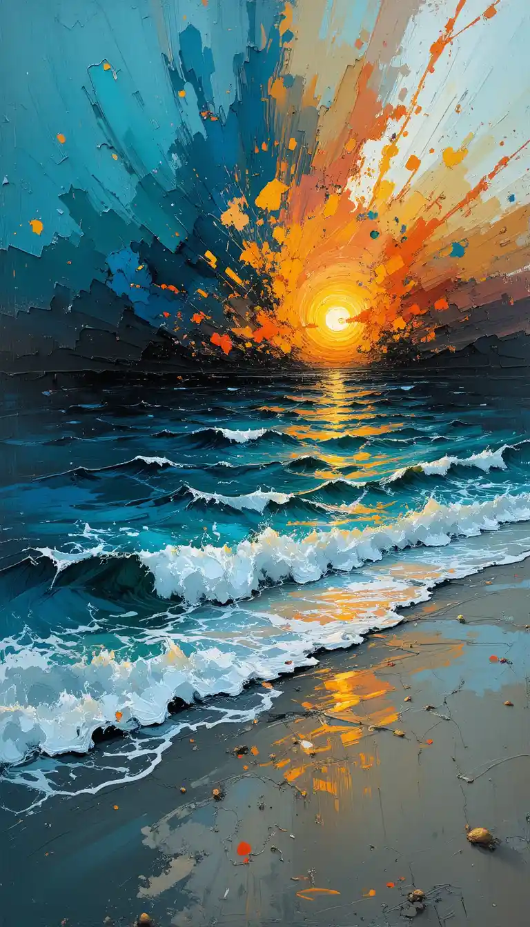 Abstract ocean sunset in wild teal and orange brushstrokes