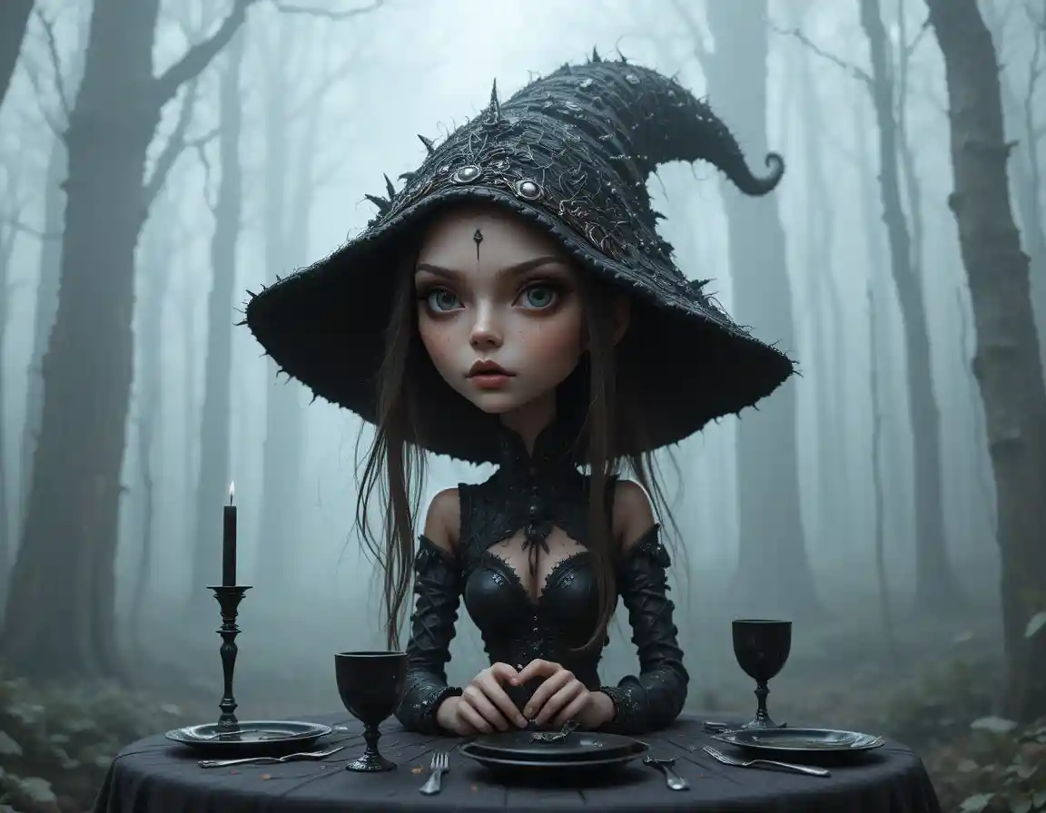 Femme gothique dans une forêt sombre et brumeuse avec bougies et crâne