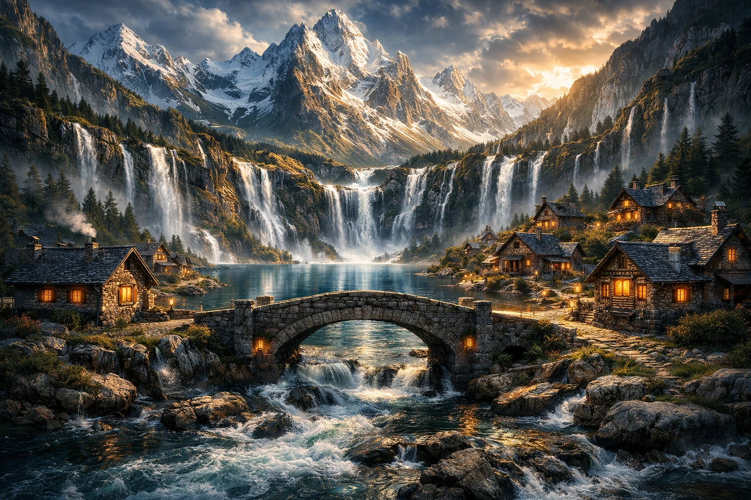 Fantasiedorf in den Bergen an einer ruhigen Wasserfall-Lagune