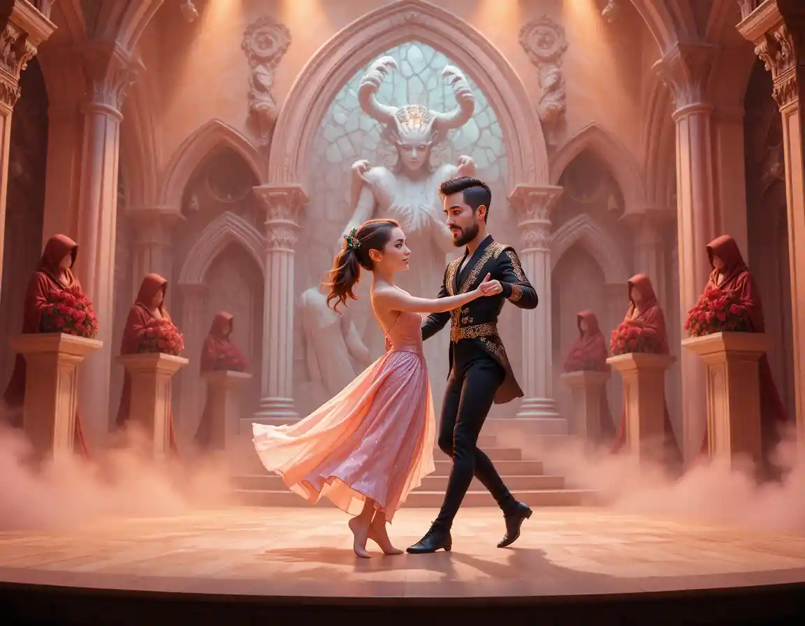 Dancing couple on gothic theater stage with red robed figures