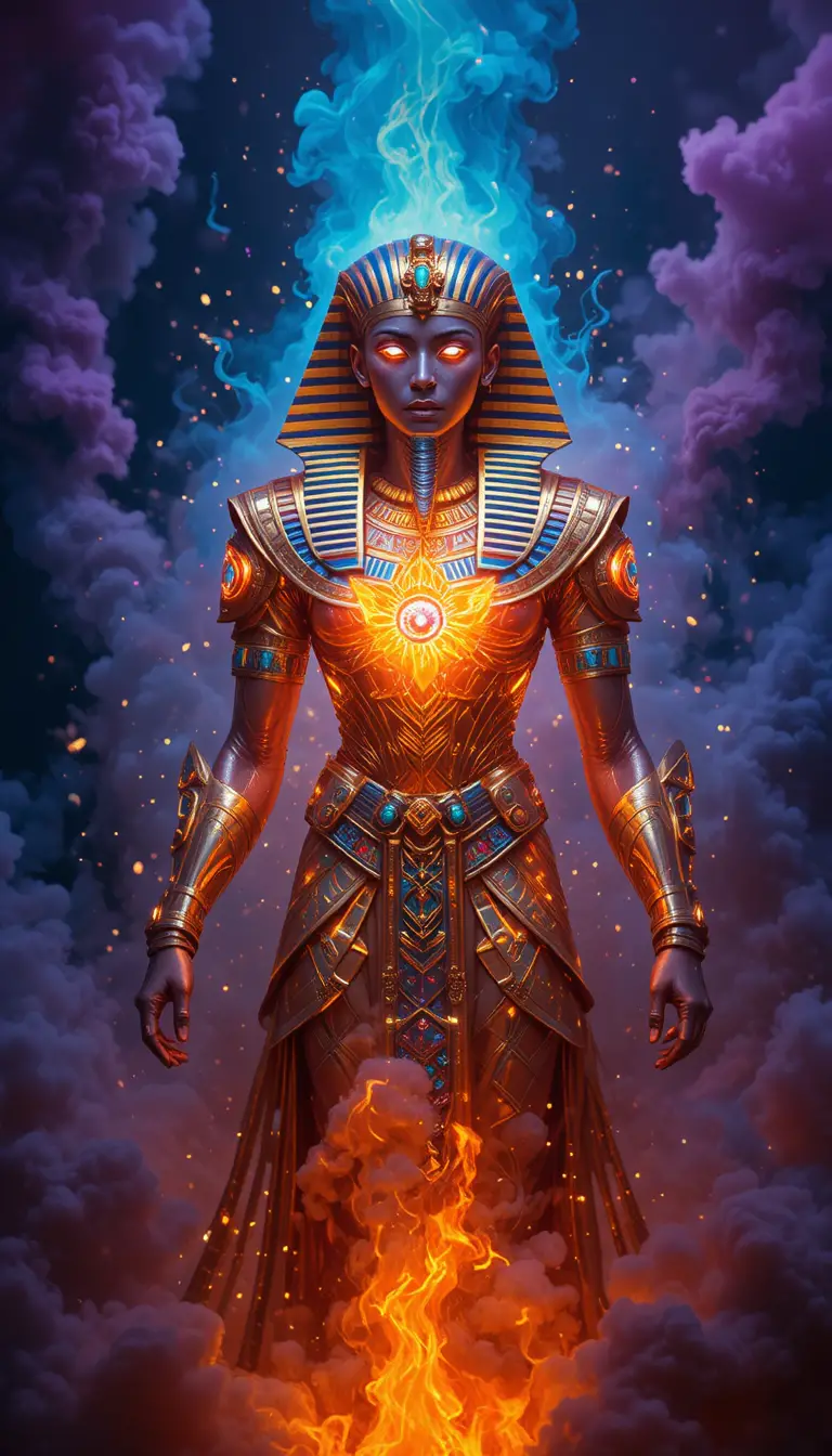 Egyptian inspired goddess rising from fire and smoke