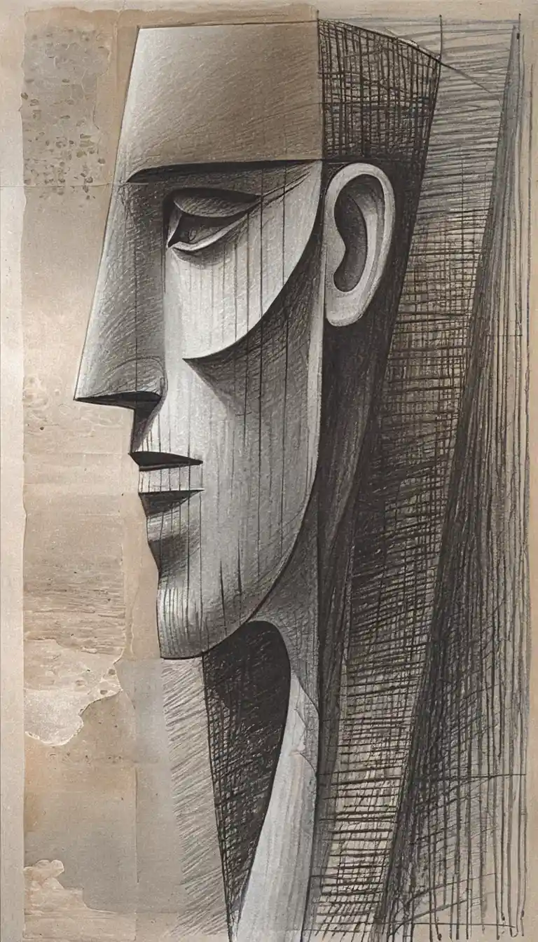 Cubist graphite profile portrait on aged architectural paper