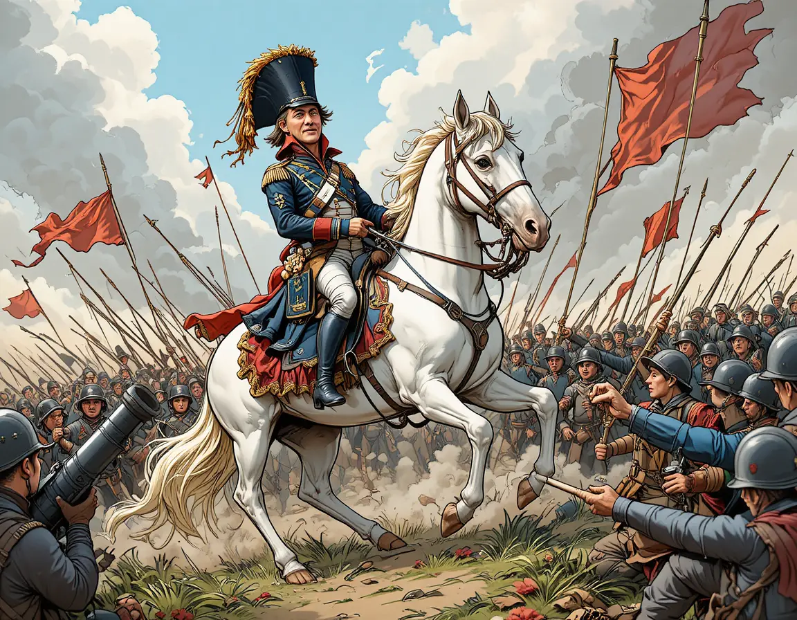 Napoleon on a white warhorse leading troops across battlefield