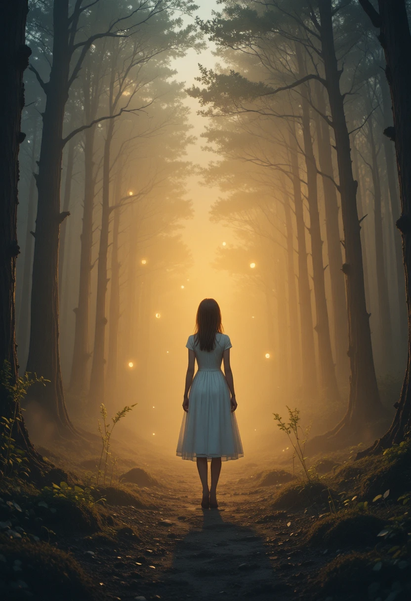 Anime girl on misty forest path with glowing eyes