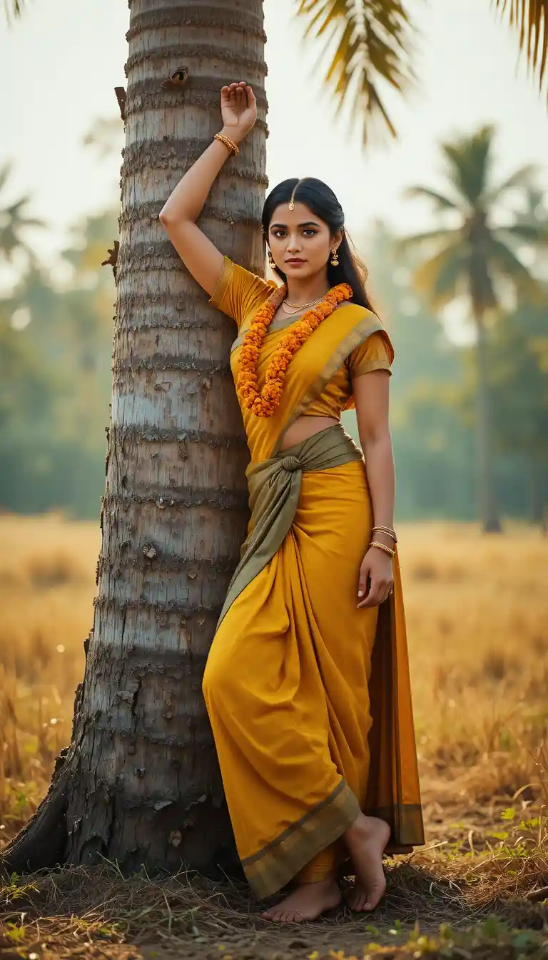 Südindische Frau bei einer Palme im goldenen Abendlicht