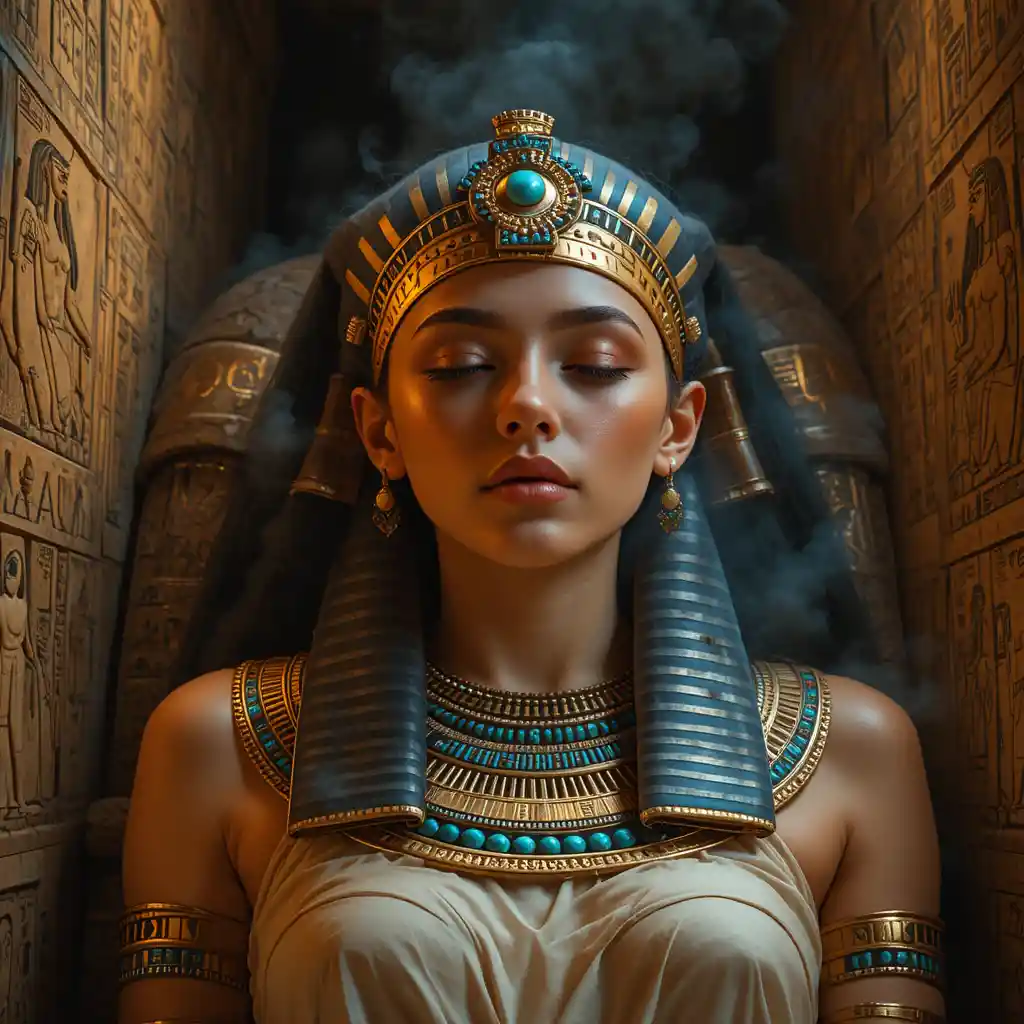 Reina del antiguo Egipto descansando en paz en una tumba dorada