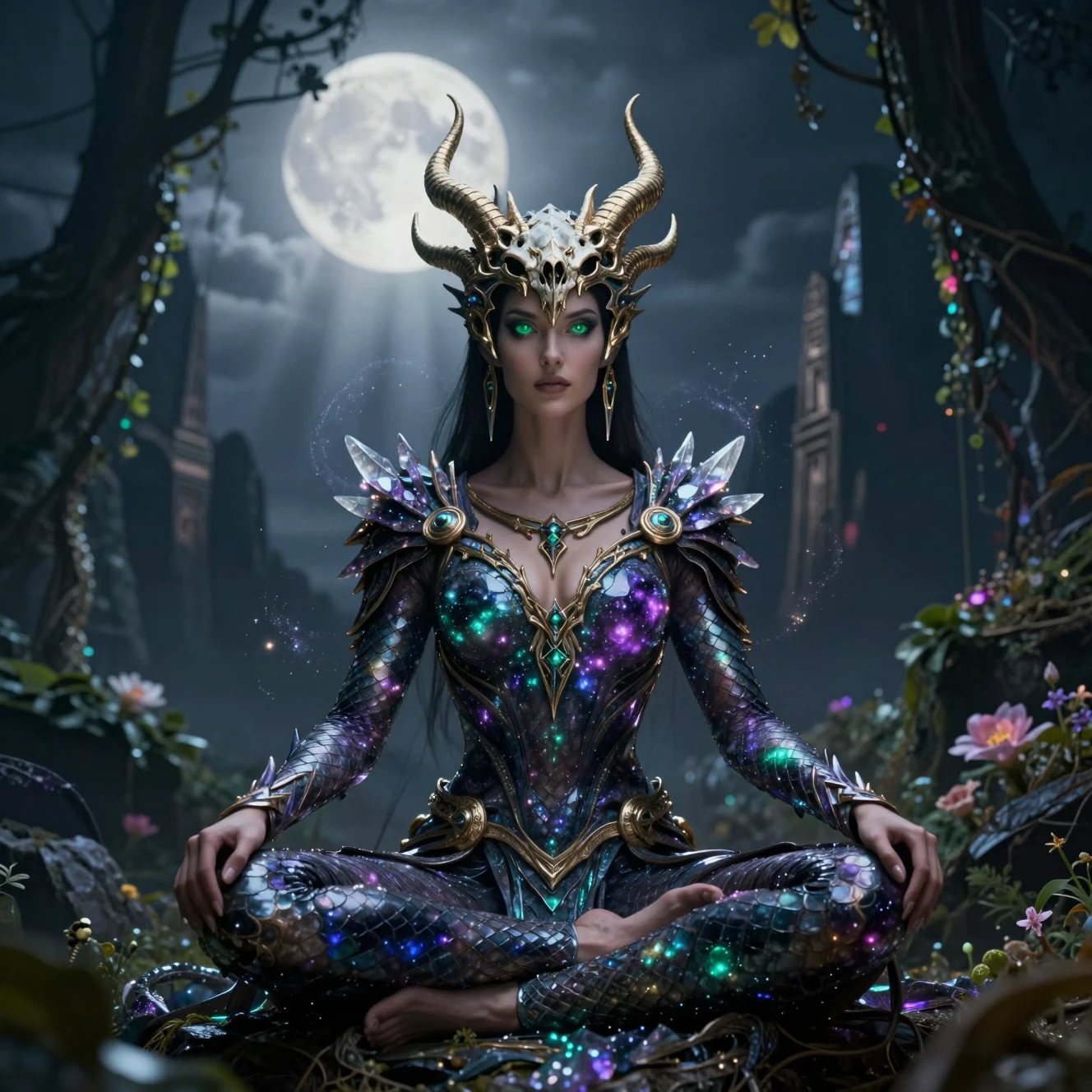 Moonlit druid woman meditating in crystalline dragon armor