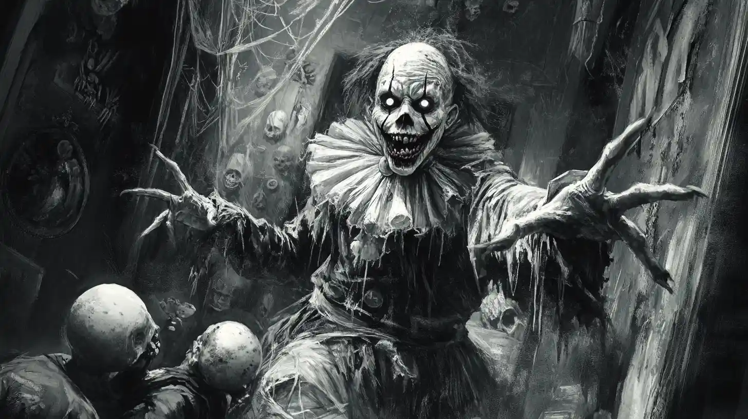 Böser Clown lauert in der Ecke eines barocken Spukzimmers