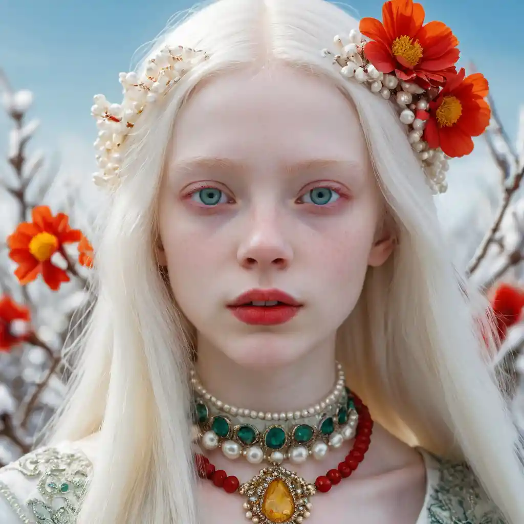 Retrato de chica albina con flores rojas en paisaje nevado